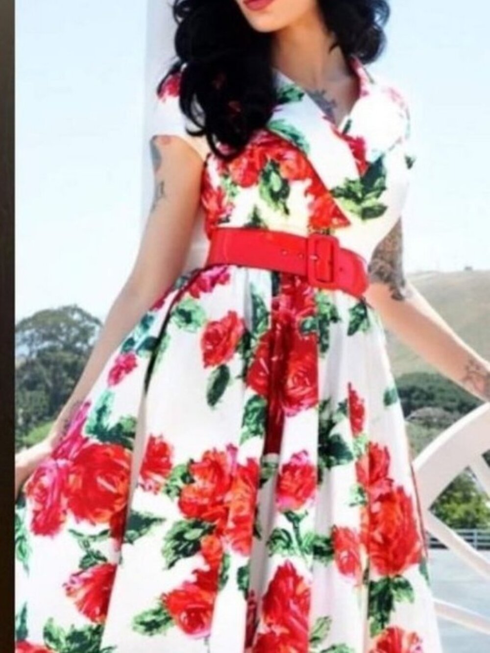 Pinup Couture Birdie Dress Red Rose Print XS